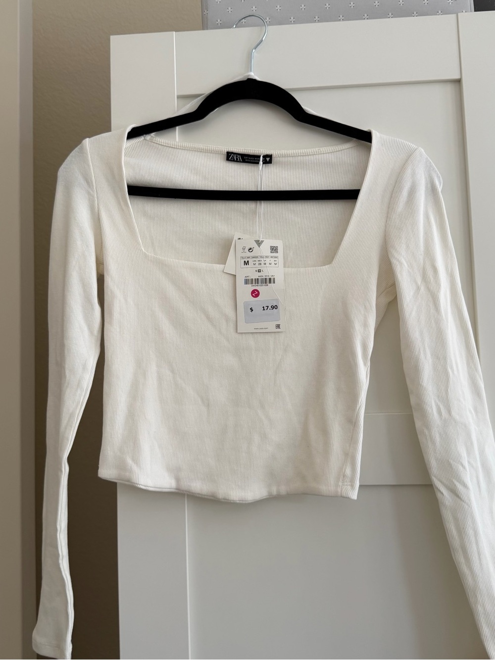 Zara White Square Neck Long Sleeve Crop Top - Size: M - BRAND NEW